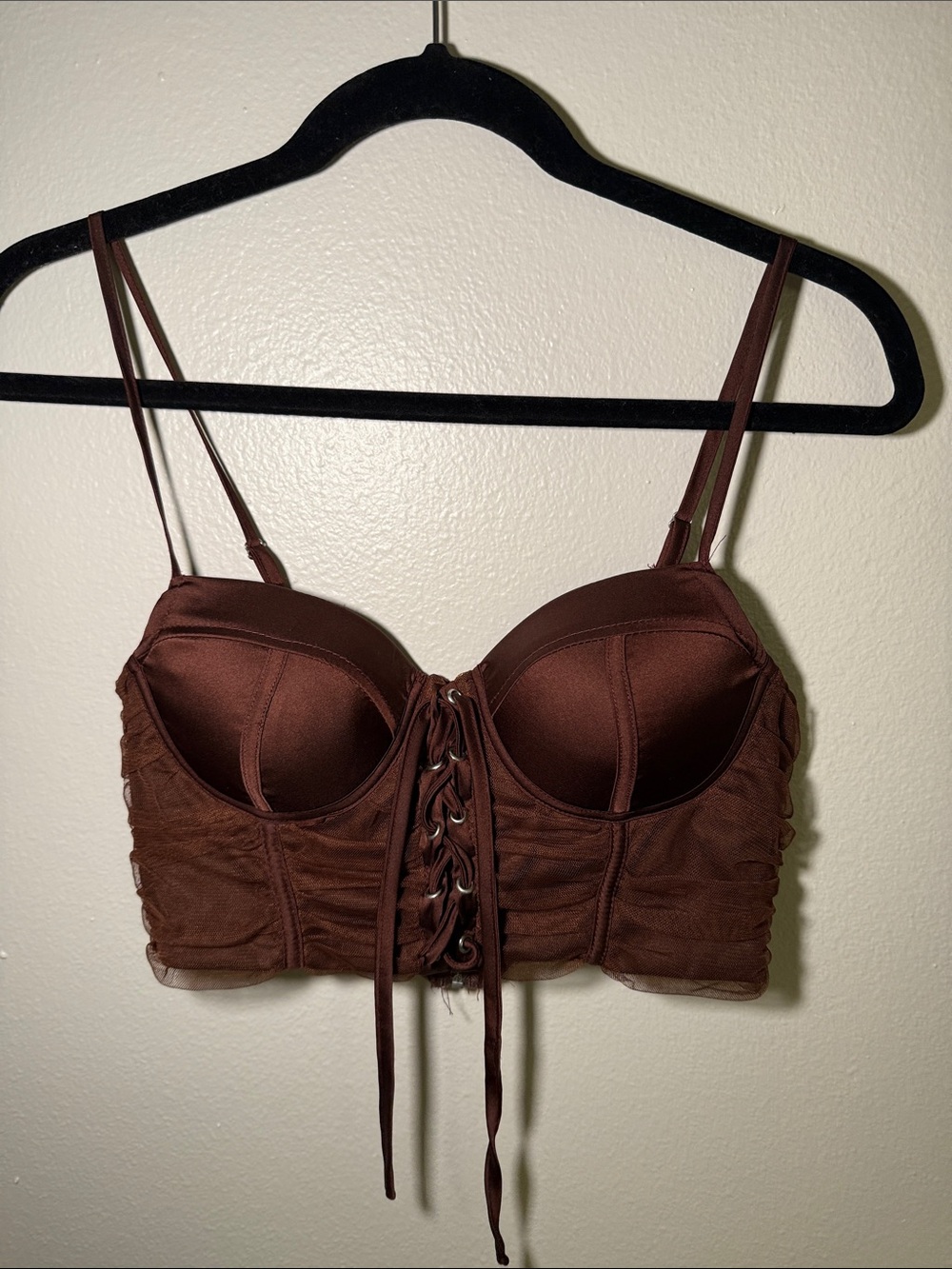 Brown Lace-Up Bustier Crop Top with Adjustable Straps